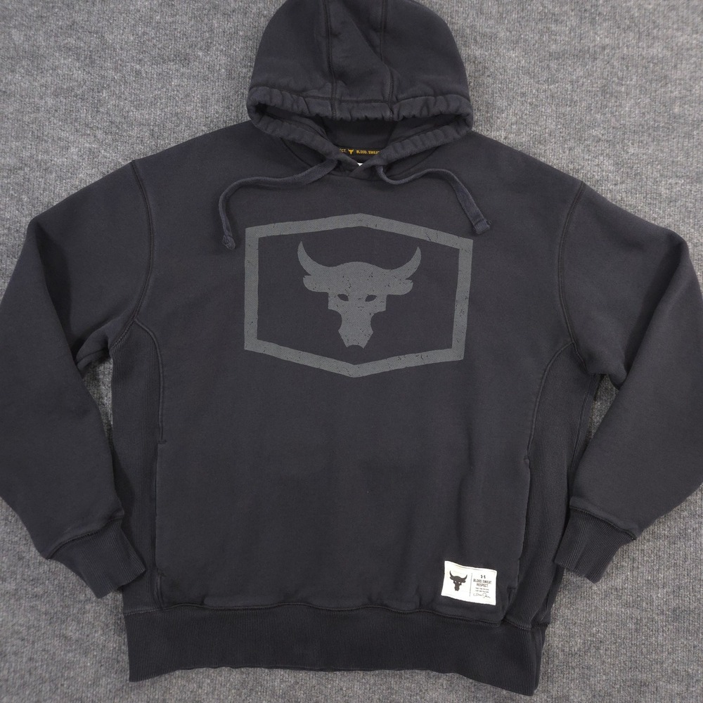 Under Armour Project Rock Hoodie Mens XL Black Bull Graphic Pullover Pockets